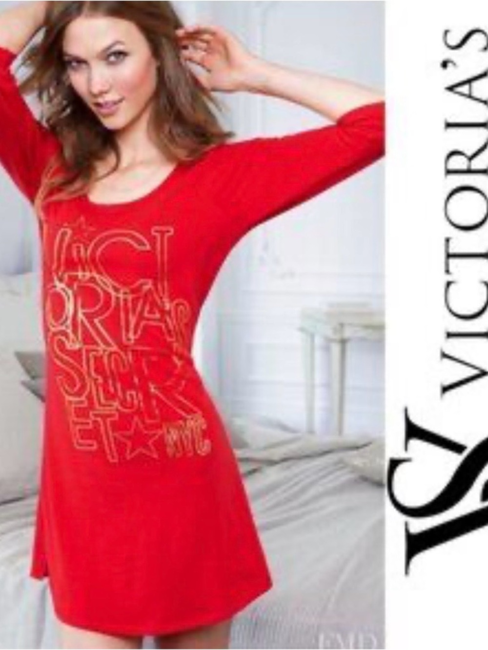 Victoria's Secret Karlie Kloss Red Gold Graphic Sleep Tee Pajama Dress M Vintage